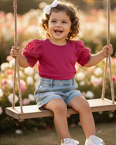 Blusa Infantil Feminina em Cotton com Mangas Bordadas 11554