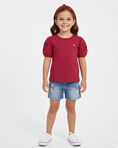 Blusa Infantil Feminina em Cotton com Mangas Bordadas 11554