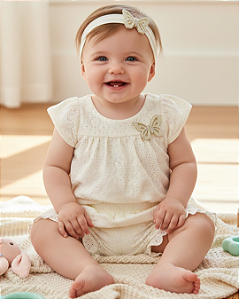 Body Vestido Bebê Manga Curta em Cotton Trabalhado 48612