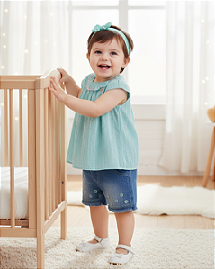 Conjunto Bebê Feminino Curto Bata Shorts Jeans Paraiso 13977