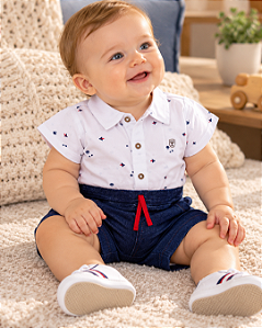Macacão Bebê Masculino Curto Estampado e Jeans Paraiso 15471