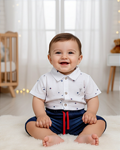 Macacão Bebê Masculino Curto Estampado e Jeans Paraiso 15471