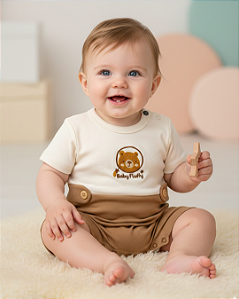 Macacão Bebê Masculino Curto Suedine Botões Bordado 1505