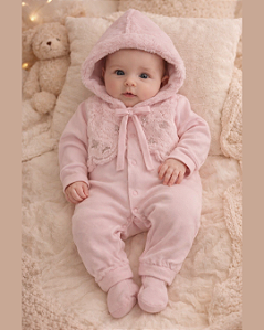 Macacão Bebê Feminino Longo Plush Capuz Bordad Paraiso 14521