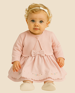 Vestido Bebê Regata com Bordado Bolero Suedine Paraiso 17848