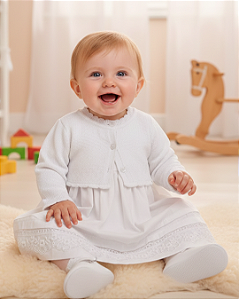 Vestido Bebê Batizado Tricoline Renda Bolero Paraiso 17857