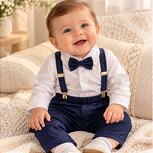 Conjunto Batizado Bebê Camisa Calça Suspensório Gravata 190