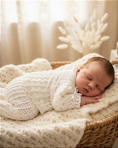 Conjunto Saída Maternidade Crochê Unissex Branco Flor Da Lua