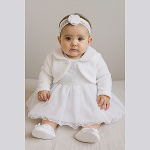 Vestido Bebê Batizado Tule e Renda com Bolero em Pelo 067