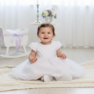 Vestido Bebê Batizado Pérolas e Tule manga curta Losango 91
