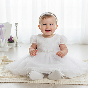 Vestido Bebê Batizado Bordado, Pérolas e Tule manga curta 77