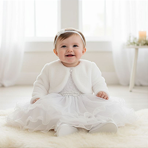 Vestido Bebê Batizado bordado perolas, tule e Bolero Pelo 88