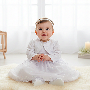 Vestido Bebê Batizado perolas tule e Bolero Coração 90