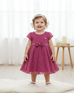 Vestido Bebê Tule Malha Listrado com Laço e Strass 200386