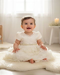 Vestido Bebê armação tule Renda e Pérolas Off White 204279