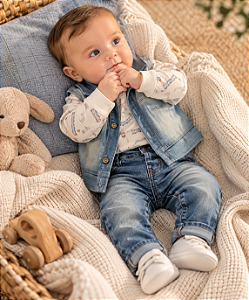 Conjunto Bebê Masculino Longo Jeans com Body Estampado 12287