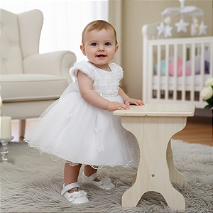 Vestido Bebê Batizado Borboleta Tule com pérolas Flor M91
