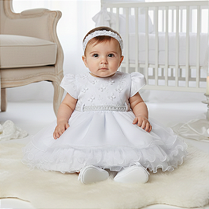 Vestido Bebê Batizado Borboleta Tule com pérolas Flor M92