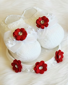 Kit Bebê Feminino Sapatinho e Faixa com Laço e Pérolas Luxo