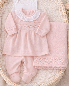 Saída Maternidade Tricô 4 Peças Vestido Manta Paraiso 19236