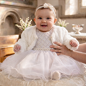 Vestido Batizado Bebê Tule Pérolas e Bolero em Pelo 77