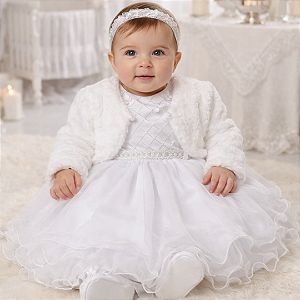 Vestido Batizado Tule Borboletas Pérolas e Bolero Pelo M92