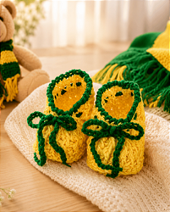 Sapatinho de Crochê Bebê Artesanal Brasil Amarelo e Verde