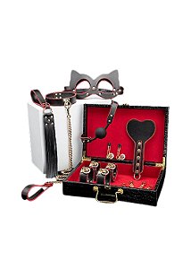 Kit Maleta Bondage de Luxo Vermelho com Algemas, Tornozeleira, Venda e Chicote