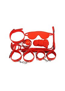 Kit Sado Bondage Vermelho com Algemas, Venda e Chicote