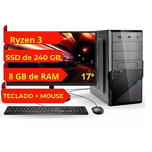 Computador AMD Ryzen 3 com 8 GB de RAM, SSD de 240 GB, monitor de 17° + Teclado e mouse.