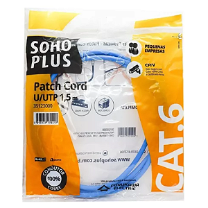 50x Patch Cord U/utp Sohoplus Cat6 Cmx T568a 1,5m Azul Claro