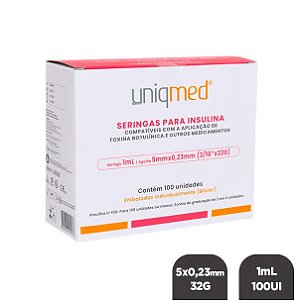 Seringa c/ Agulha Fixa para Toxina Botulínica 5x0,23mm 32g 1ml 100UI - Caixa c/ 100un - Uniqmed