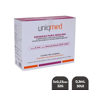 Seringa c/ Agulha Fixa para Toxina Botulínica 5x0,23mm 32g 0,3ml 30UI - Caixa c/ 100un - Uniqmed