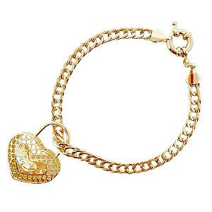 Pulseira cadeado coração com zircônias e fecho boia em banho de ouro 18k