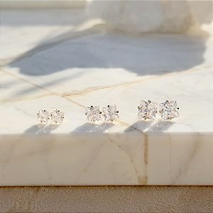Trio de brincos quadrados de zircônia branca em banho de ouro 18k