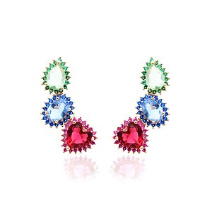 Brinco ear cuff banhado a ouro 18k com cristais e zircônias nas mesmas cores das pedras