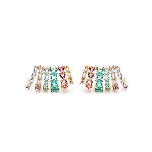 Brinco onda banhado em ouro 18k com cristal paraiba, cristal citrino e cristal tanzanita cravejados em garras