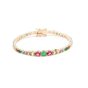 Pulseira riviera redonda cristal esmeralda e cristais coloridos em banho de ouro 18k