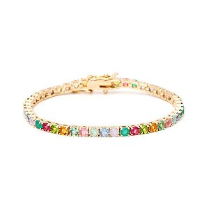 Pulseira riviera cristal citrino cristal peridoto turmalina rosa em banho de ouro 18k