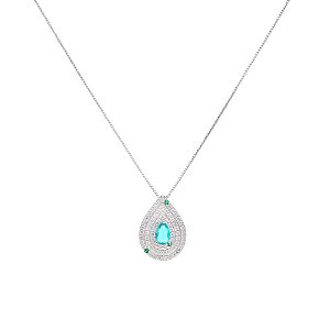 Colar gota bordada com cristal topázio azul e zircônia verde em prata 925