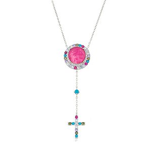 Colar com cruz  turmalina rosa nano turquesa em prata 925