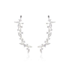 Brinco ear cuff gotas de zircônias brancas em banho de prata nano silver