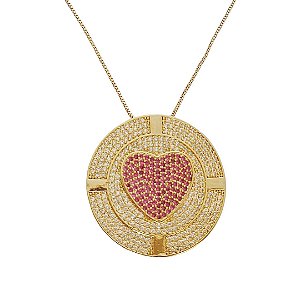 Colar banhado em ouro 18k com pingente medalha coração cravejado de zircônias