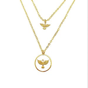 Colar duplo em banho de ouro 18k com pingente e medalha divino espirito santo