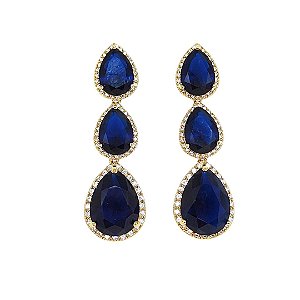 Brinco banhado em ouro 18k cravejado de zircônias brancas com cristal azul escuro
