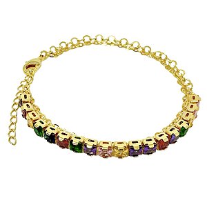 Pulseira dupla banhada em ouro 18k com rivera em zircônicas coloridas