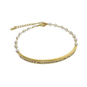 Pulseira em banho de ouro 18k o senhor é meu pastor com pérolas na corrente