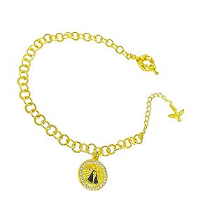 Pulseira banhada em ouro 18k com medalha nossa senhora cravejada com zircônias, divino espírito Santo e  fecho bóia