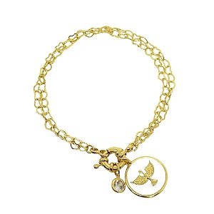 Pulseira dupla banhada em ouro 18k com elos de coração fecho boia e medalha divino espirito santo