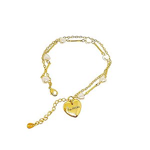 Pulseira duas correntes em banho de ouro 18k com corações em pérola e coração pai nosso com zircônia